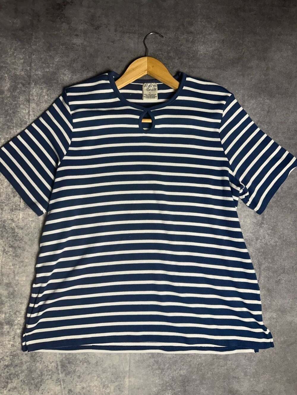 Alison Daley Navy and White Striped Short Sleeve Keyhole Neck Tee Shirt Size L